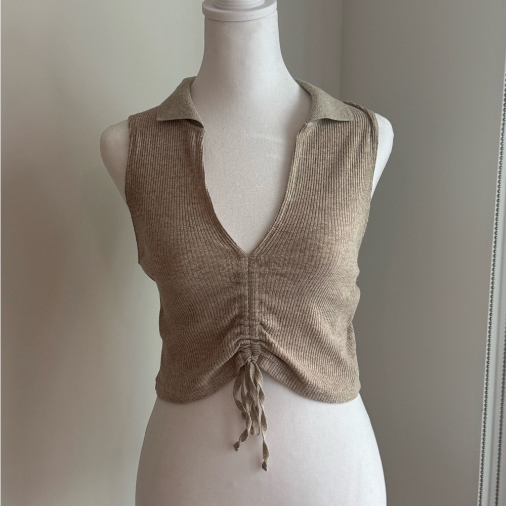Zara Tan Collared Ruched Tank Top